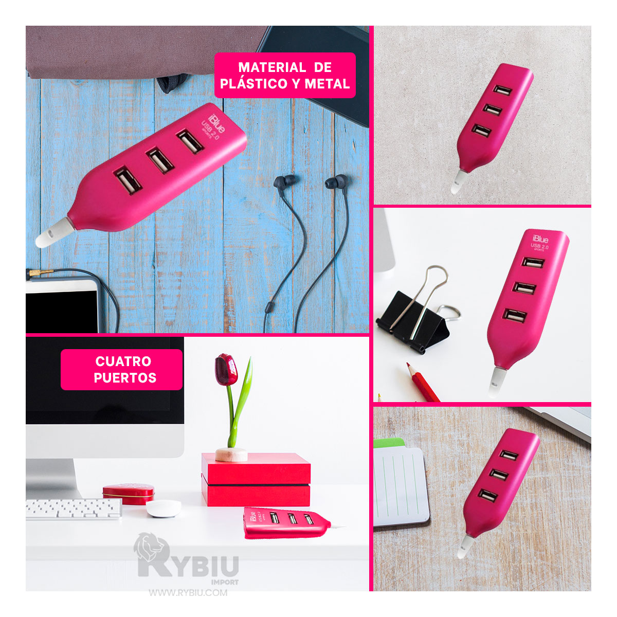 EXTENSION PORTATIL PARA USB 2.0 4 PUERTOS RYBIU EN FUCSIA + REGALO STICKERS - 1