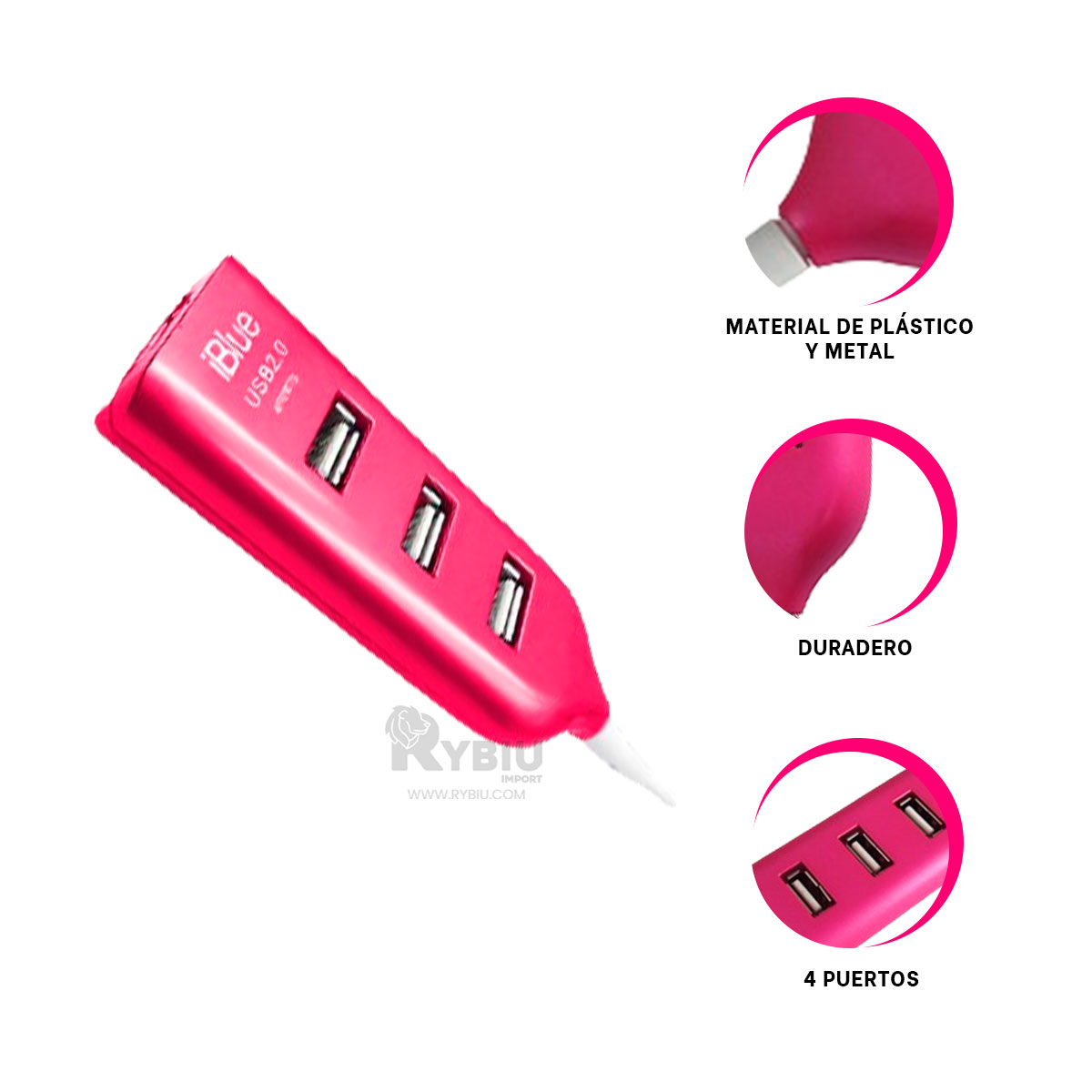 EXTENSION PORTATIL PARA USB 2.0 4 PUERTOS RYBIU EN FUCSIA + REGALO STICKERS - 3
