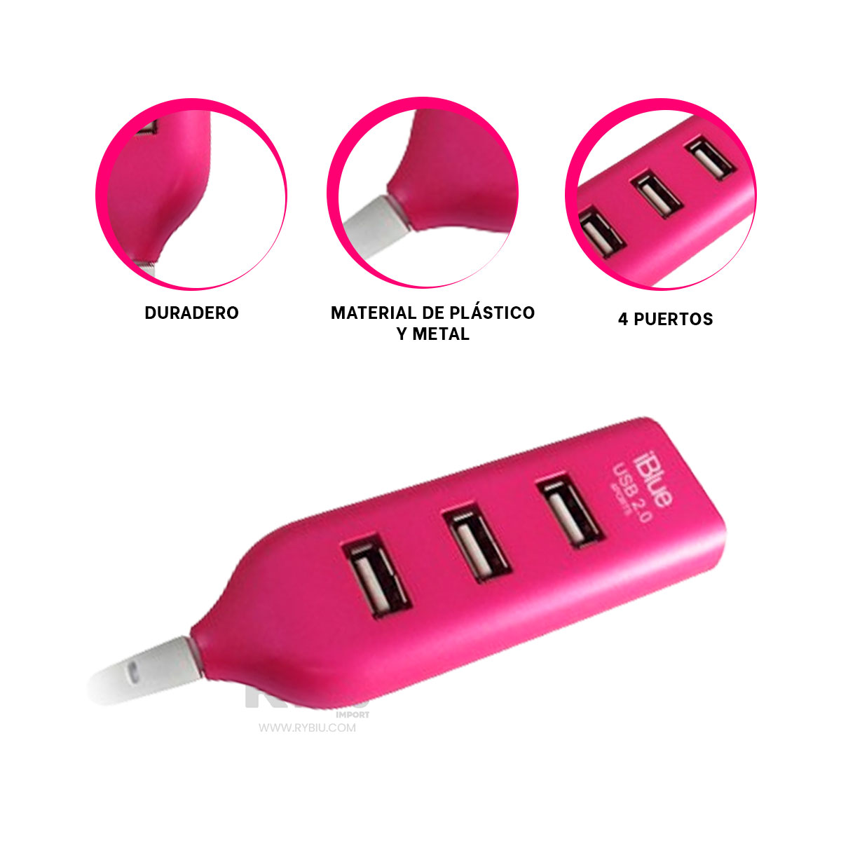 EXTENSION PORTATIL PARA USB 2.0 4 PUERTOS RYBIU EN FUCSIA + REGALO STICKERS - 4