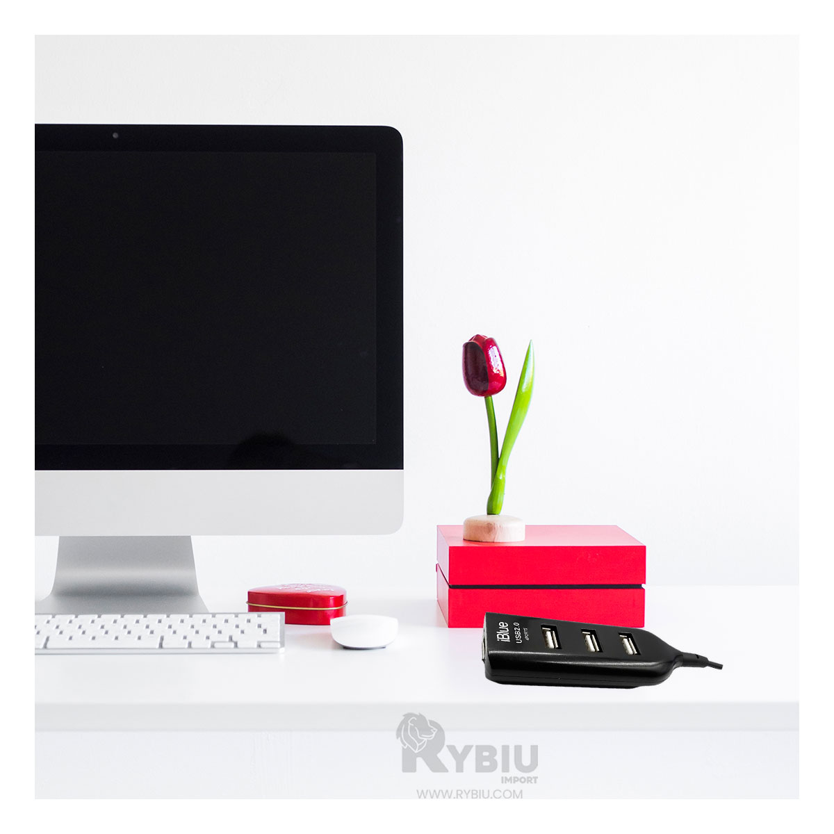 HUB 4 PUERTOS RYBIU COMPACTO CON USB EN NEGRO + PAPEL DE REGALO - 1