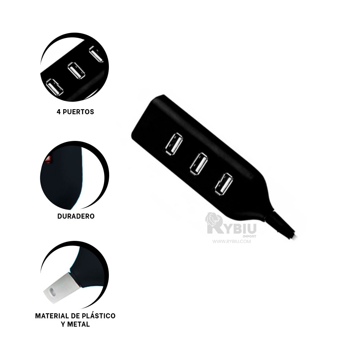 HUB 4 PUERTOS RYBIU COMPACTO CON USB EN NEGRO + PAPEL DE REGALO - 2