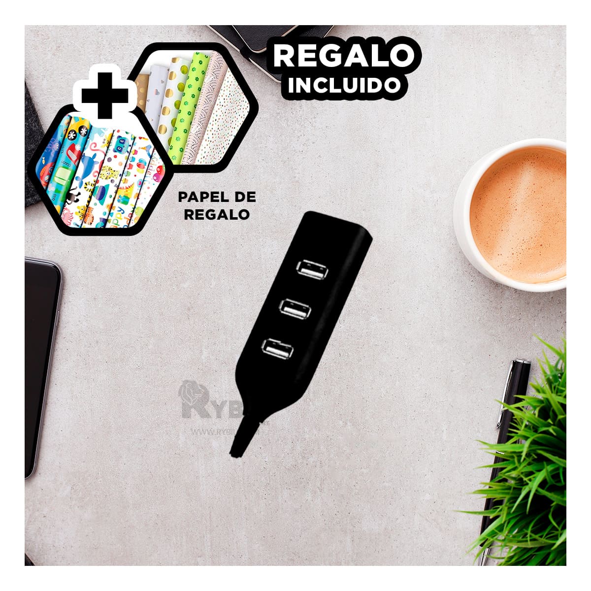 EXTENSION DE ALTA DURABILIDAD USB 4 PUERTOS RYBIU NEGRO + REGALO AGENDITA - 1