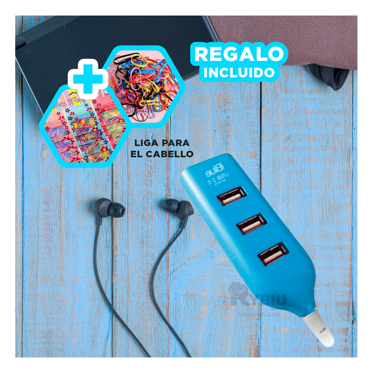 ADAPTADOR 4 PUERTOS RYBIU DE PLASTICO TONO TURQUEZA + BANDERITAS ADHESIVAS - 1