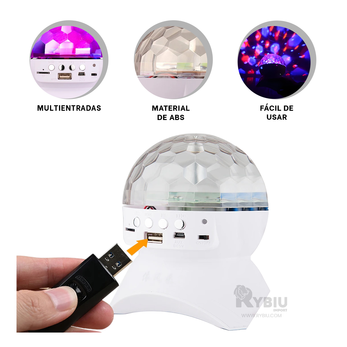 BOCINA PROYECTOR BLUETOOTH RYBIU TE30275 REFLECTOR GIRATORIO ADAPTABLE BLANCO + PAPEL REGALO - 3