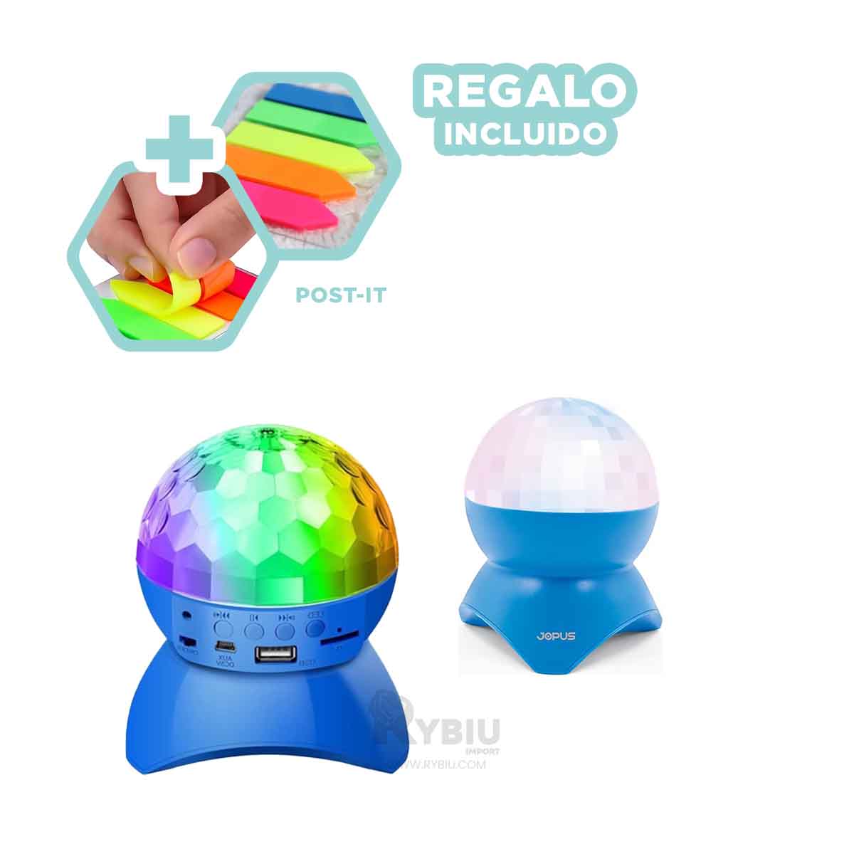 BOCINA PROYECTOR BLUETOOTH RYBIU TE30274 LUMINADOR RESISTENTE CELESTE + REGALO LIGAS PEINAR - 1