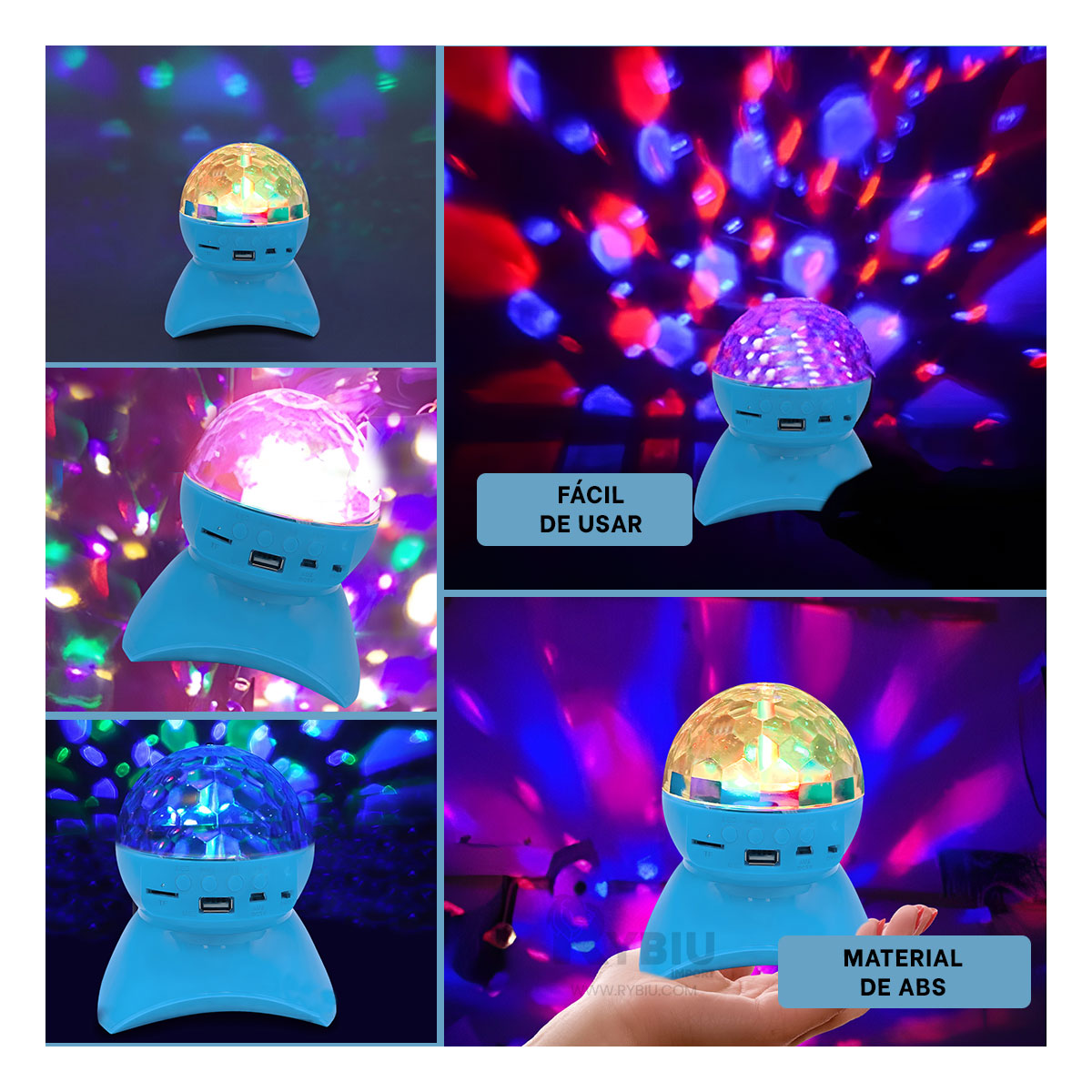 BOCINA PROYECTOR BLUETOOTH RYBIU TE30274 LUMINADOR RESISTENTE CELESTE + REGALO LIGAS PEINAR - 2