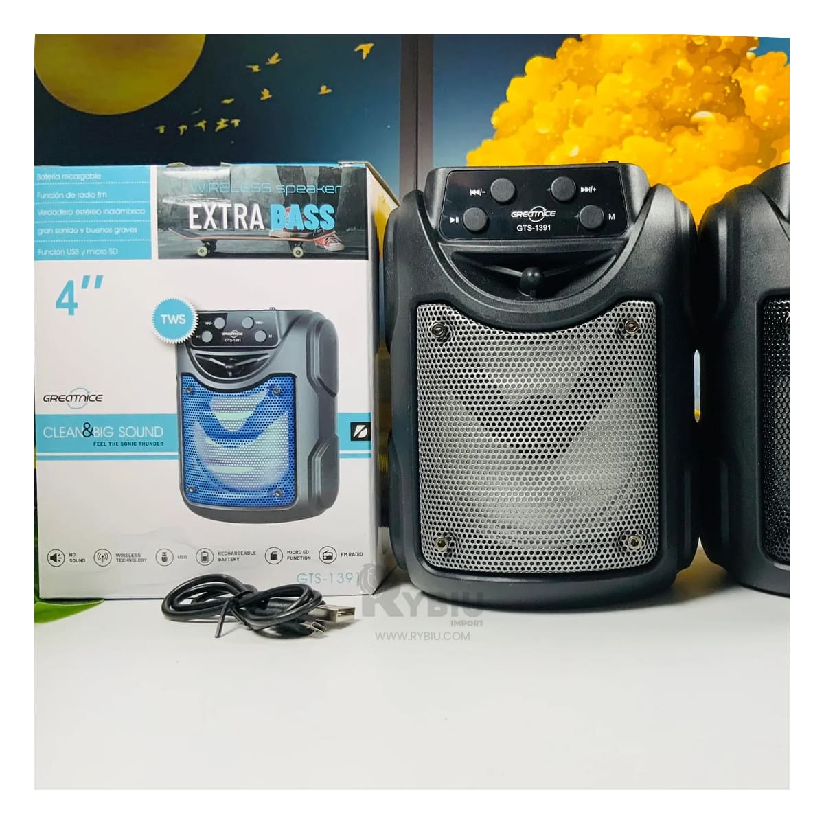 PARLANTE RYBIU GTS-1391 PLASTICO TONO NEGRO + PAPEL REGALO - 1