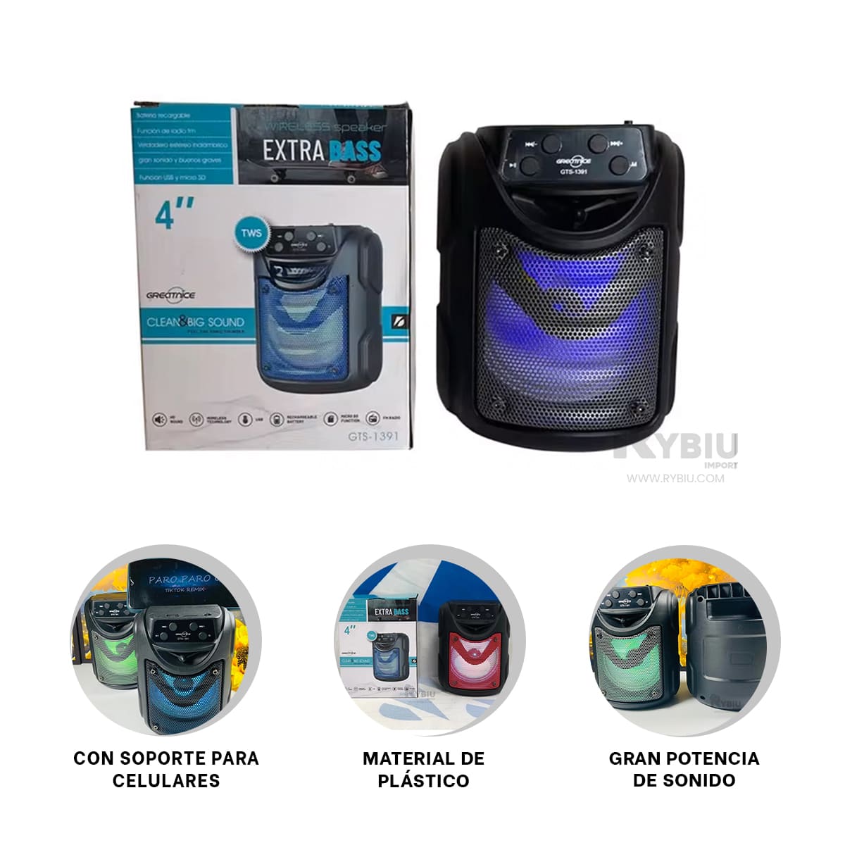 PARLANTE RYBIU GTS-1391 ALTAVOZ PODER NEGRO 5 W + BANDERITAS ADHESIVAS - 3