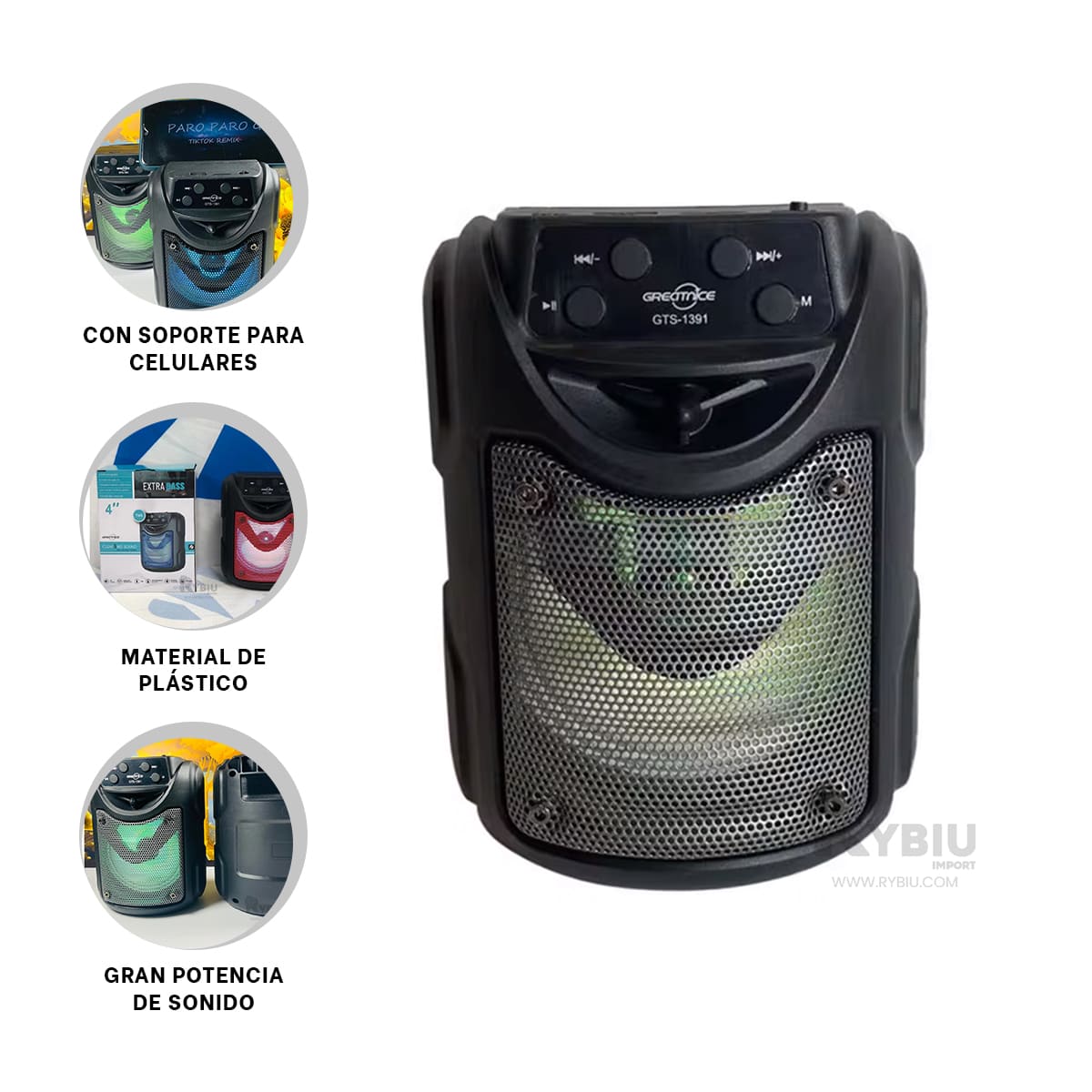 PARLANTE RYBIU GTS-1391 BOCINA ENTRADA USB RECARGABLE NEGRO + REGALO AGENDITA - 3