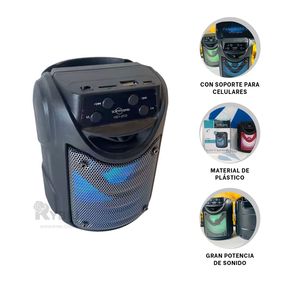 PARLANTE RYBIU GTS-1391 BOCINA 85DB BATERIA 500MAH NEGRO + REGALO STICKERS - 2