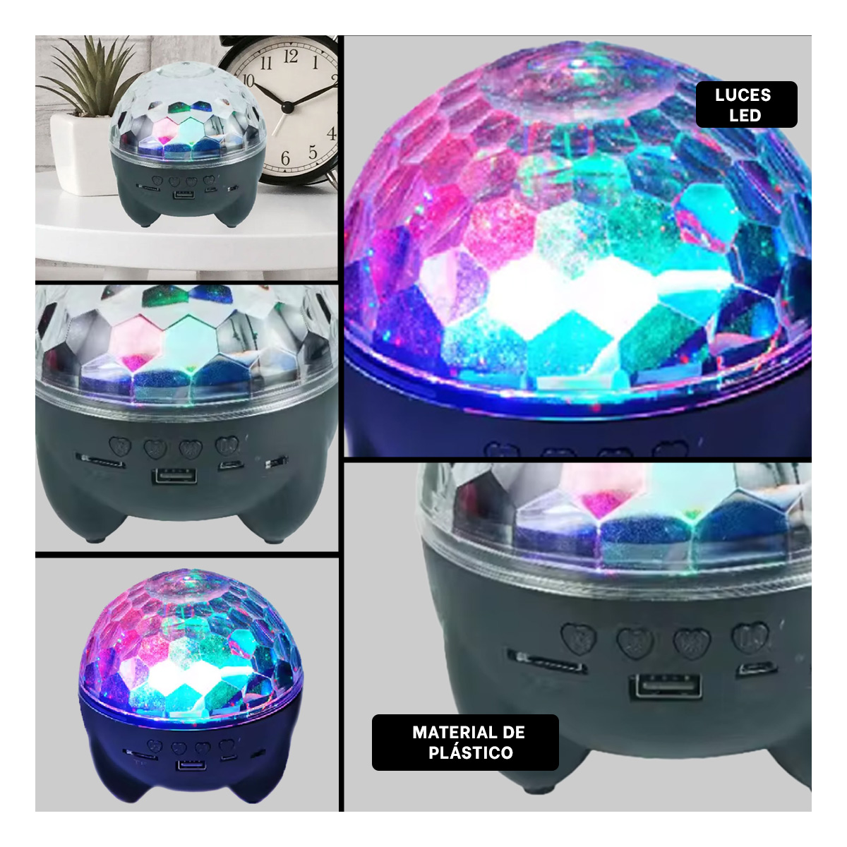 BOCINA PROYECTOR BLUETOOTH RYBIU TE30271 LUMINADOR DURABLE LUCES NEGRO + BANDERITAS ADHESIVAS - 1