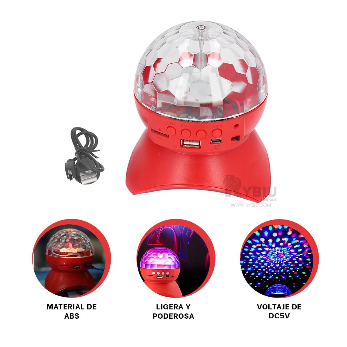 BOCINA PROYECTOR BLUETOOTH RYBIU TE30277 LUMINADOR DURABLE LUCES ROJO + BANDERITAS ADHESIVAS - 3