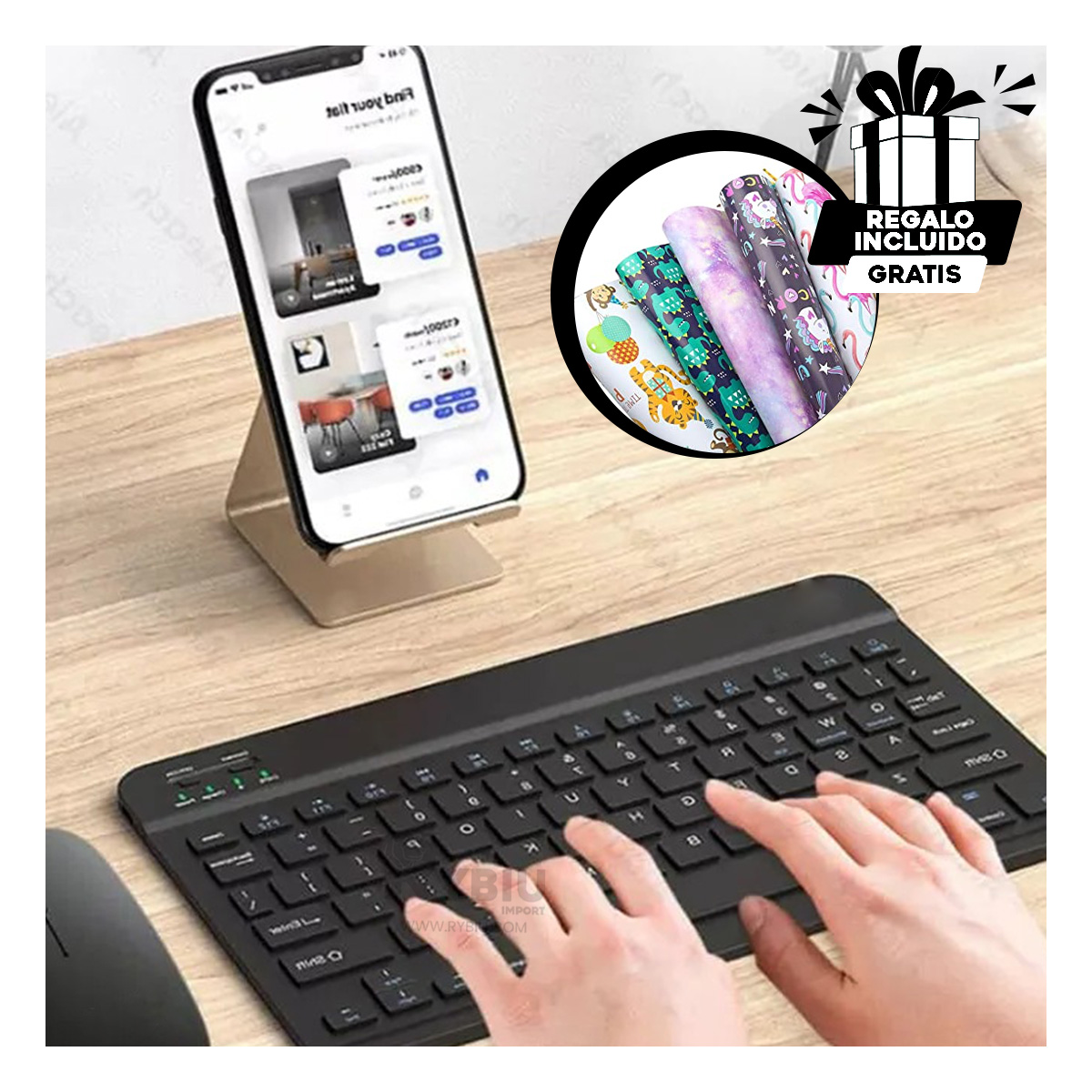 TECLADO INALÁMBRICO RYBIU COMPLEMENTOS PC EN COLOR NEGRO + BANDERITAS ADHESIVAS TE29868 - 1
