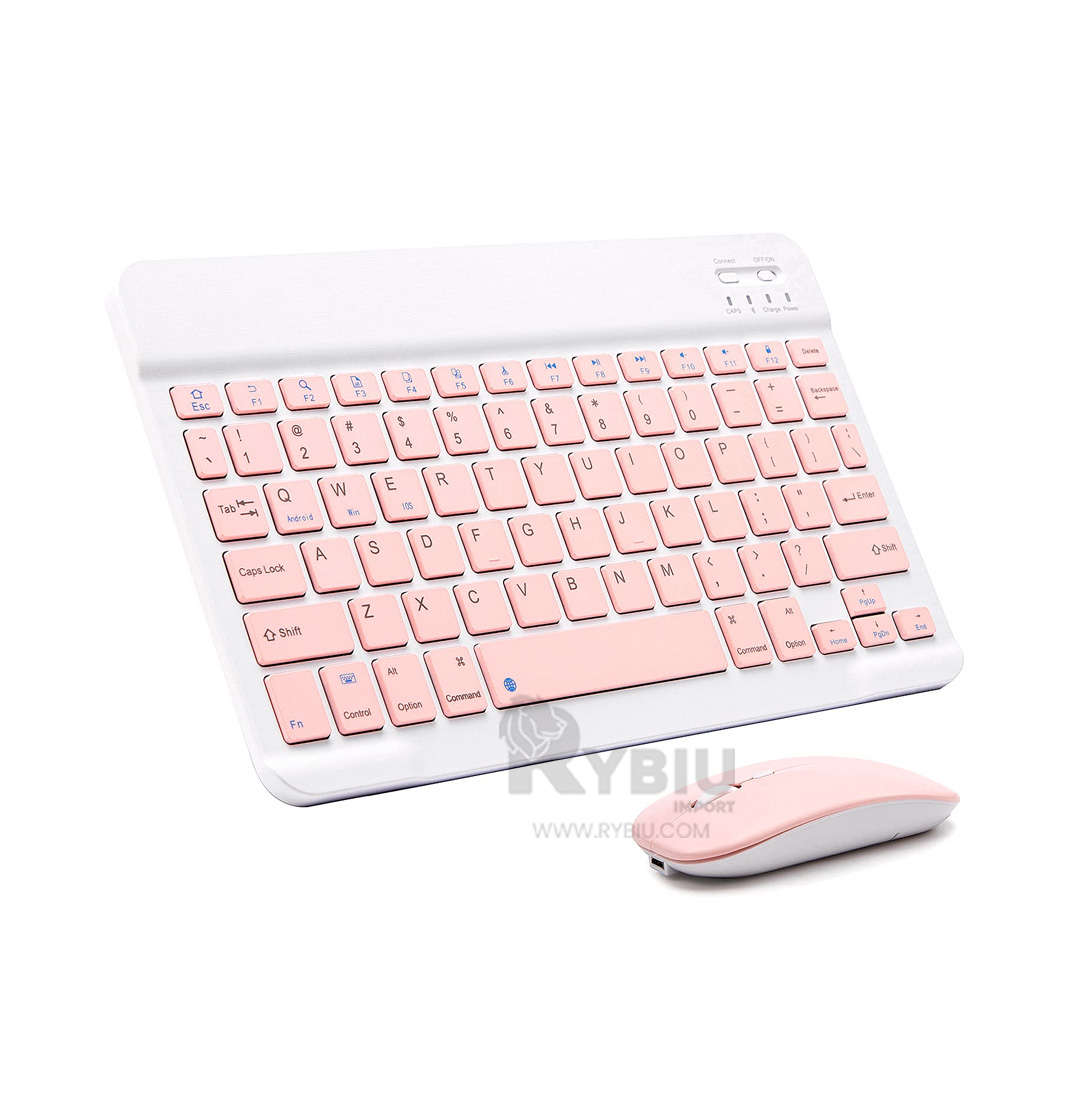 TECLADO INALÁMBRICO RYBIU Y RATÓN ROSADO + REGALO LIGAS PEINAR TE29869 COMBO - 1