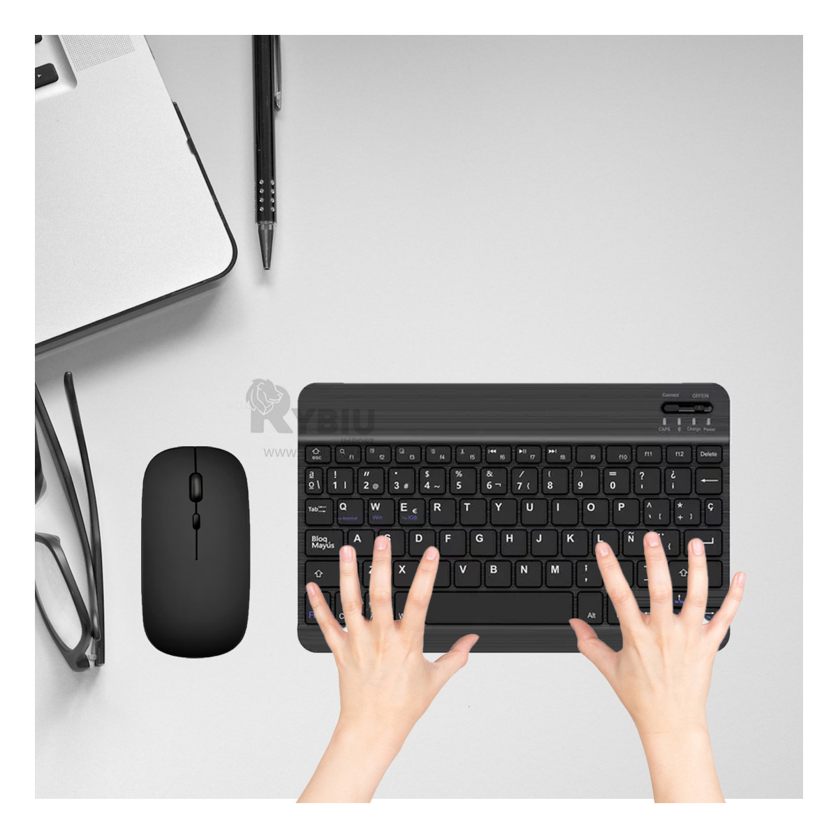 TECLADO INALÁMBRICO RYBIU TECNOLÓGICO RECARGABLE TONO NEGRO + REGALO STICKERS TE29868 SET - 1
