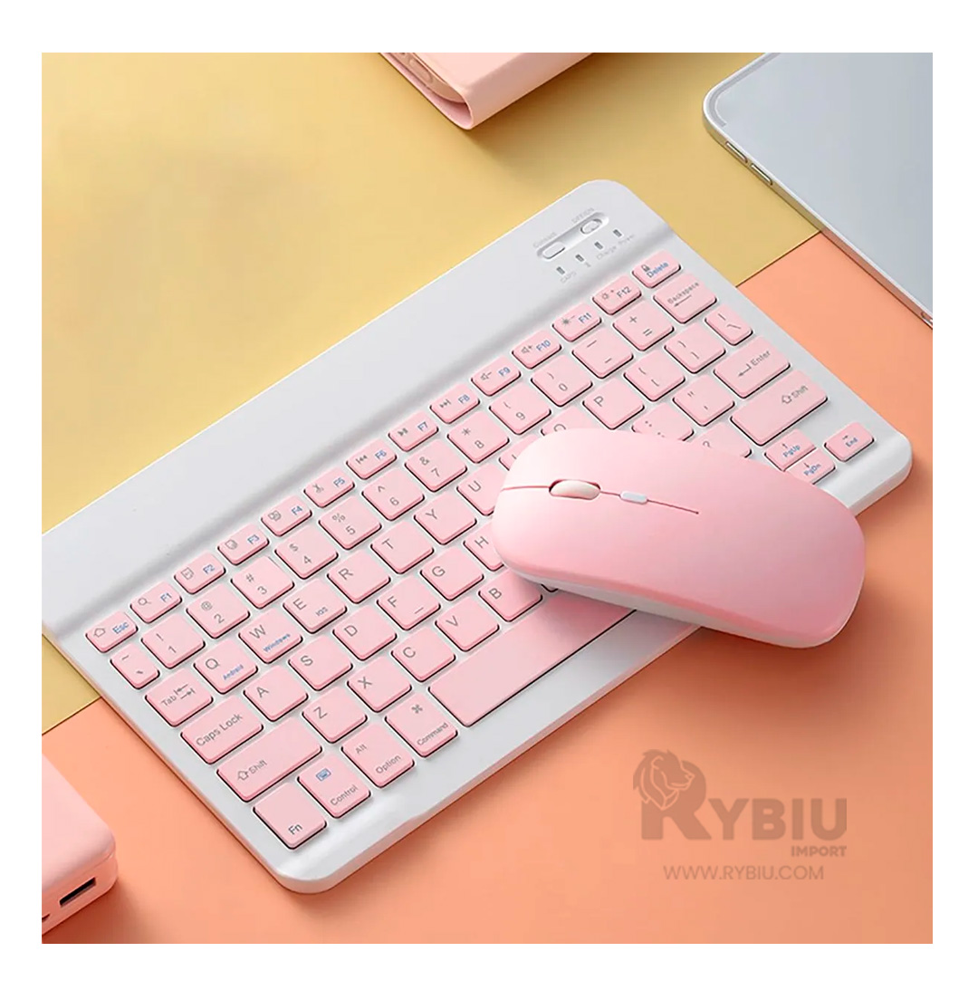 TECLADO INALÁMBRICO RYBIU TECNOLÓGICO RECARGABLE TONO ROSADO + REGALO STICKERS TE29869 SET - 1
