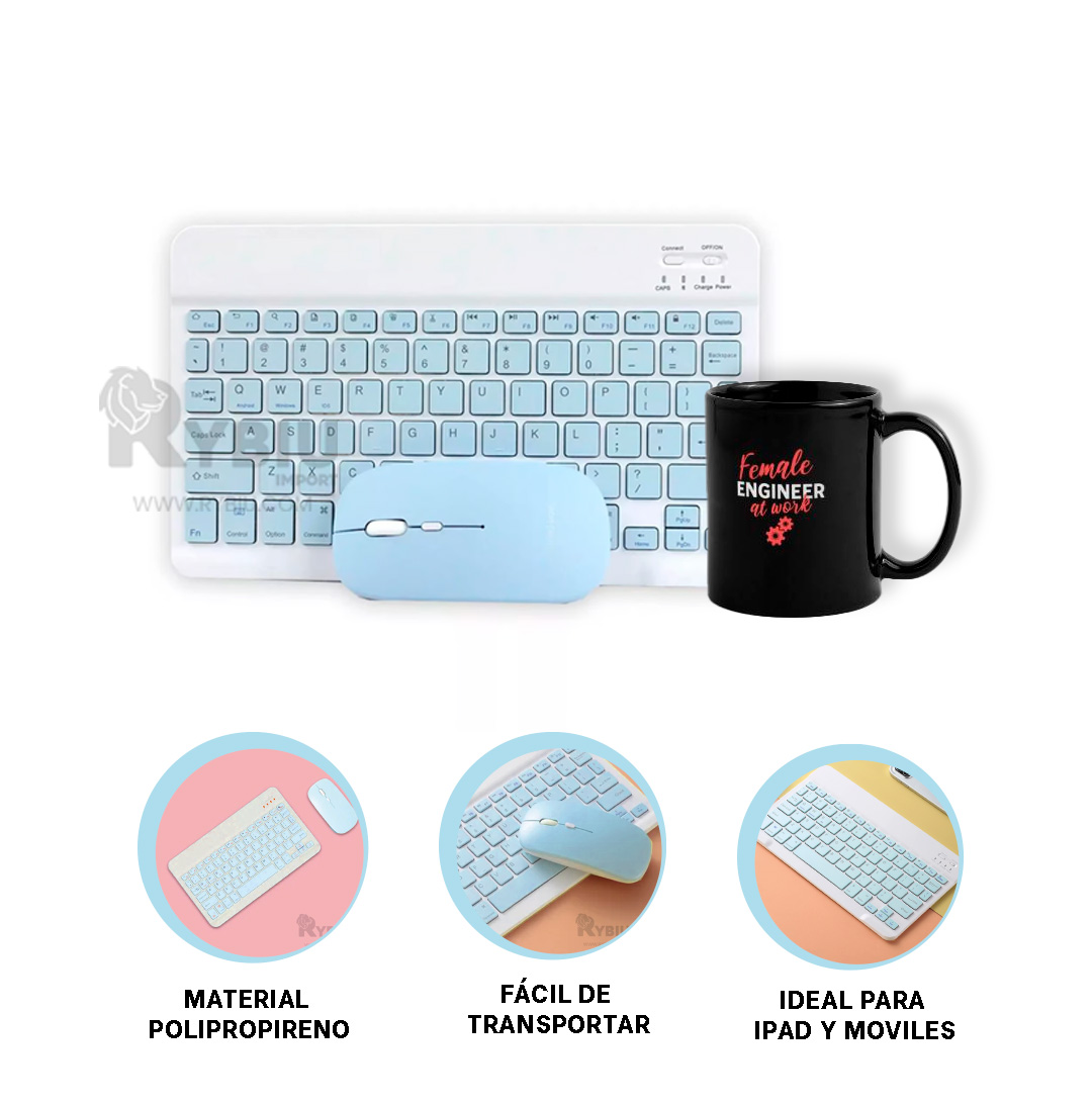 TECLADO INALÁMBRICO RYBIU PERISFERICOS EN CELESTE + REGALO LIGAS PEINAR TE29870 PACK - 3