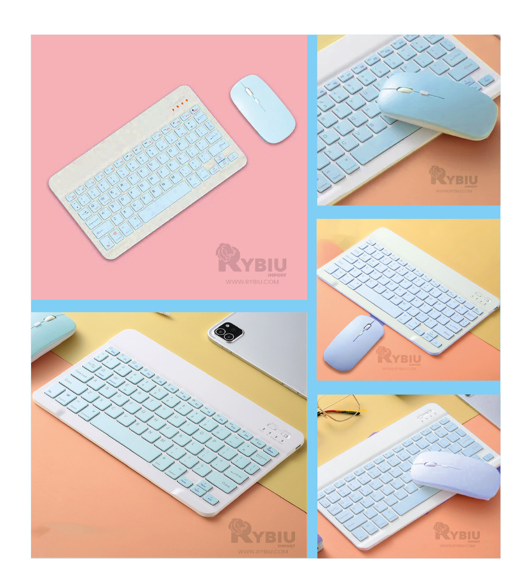 TECLADO INALÁMBRICO RYBIU PERISFERICOS EN CELESTE + REGALO LIGAS PEINAR TE29870 PACK - 4