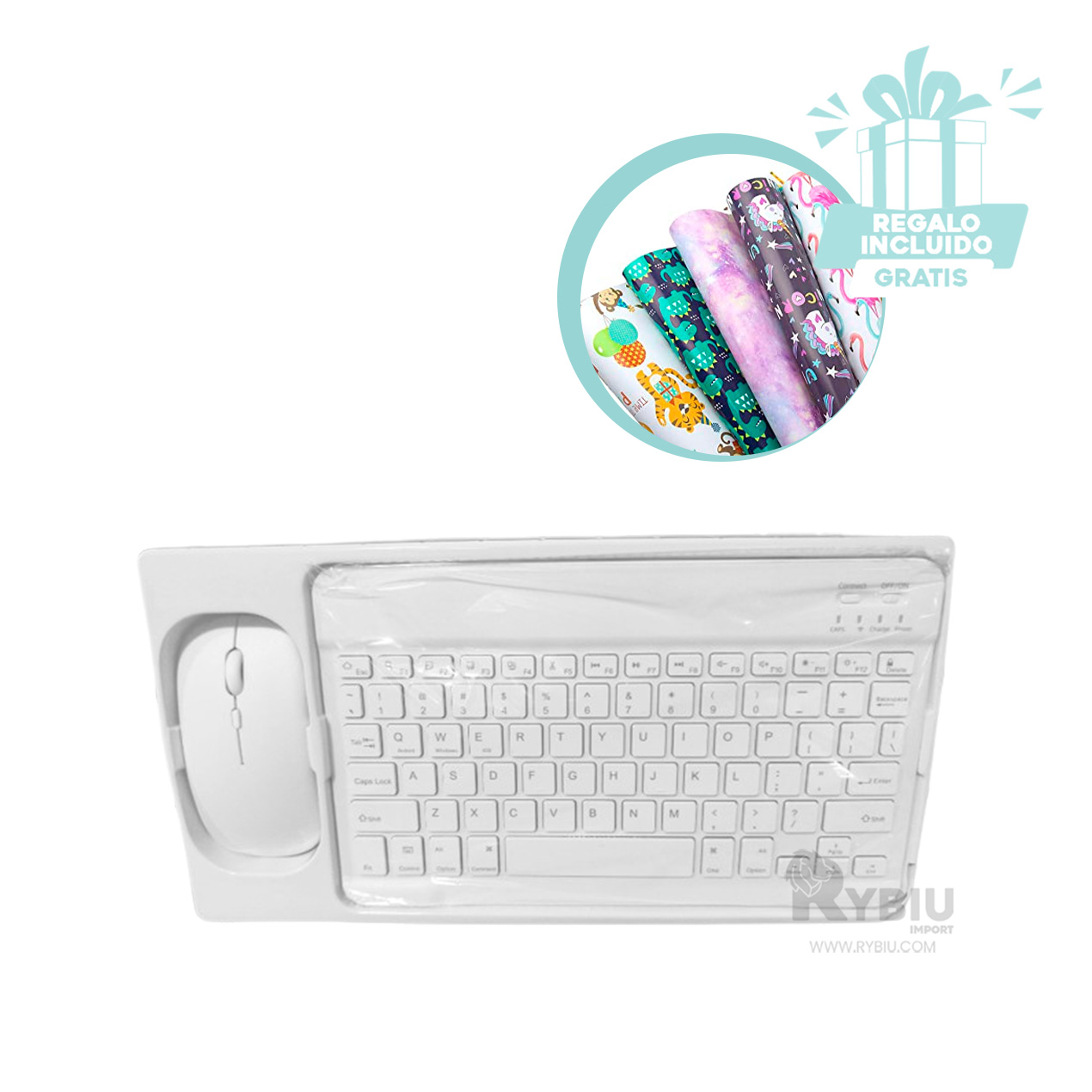 TECLADO INALÁMBRICO RYBIU TECNOLÓGICO RECARGABLE TONO BLANCO + REGALO STICKERS TE29867 SET - 1