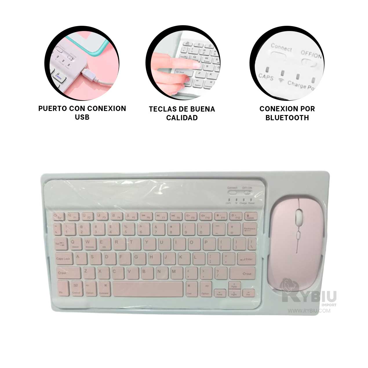 TECLADO INALÁMBRICO RYBIU TECNOLÓGICO RECARGABLE TONO BLANCO + REGALO STICKERS TE29867 SET - 2