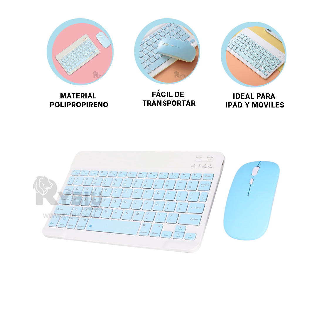 TECLADO INALÁMBRICO RYBIU TECNOLÓGICO EN CELESTE + BANDERITAS ADHESIVAS TE29870 PACK - 3