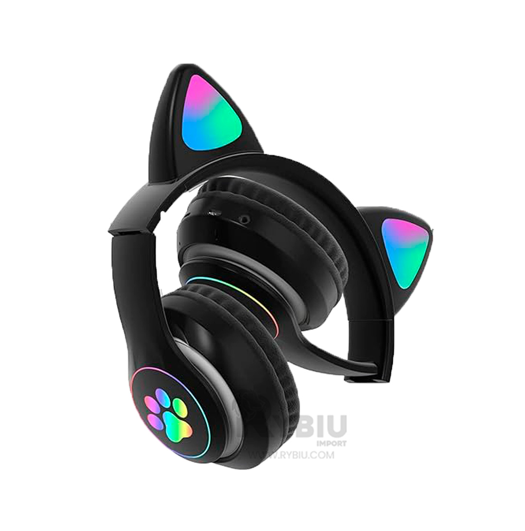 AURICULARES RYBIU FELINO Y CON LUCES EN NEGRO + REGALO STICKERS - 1