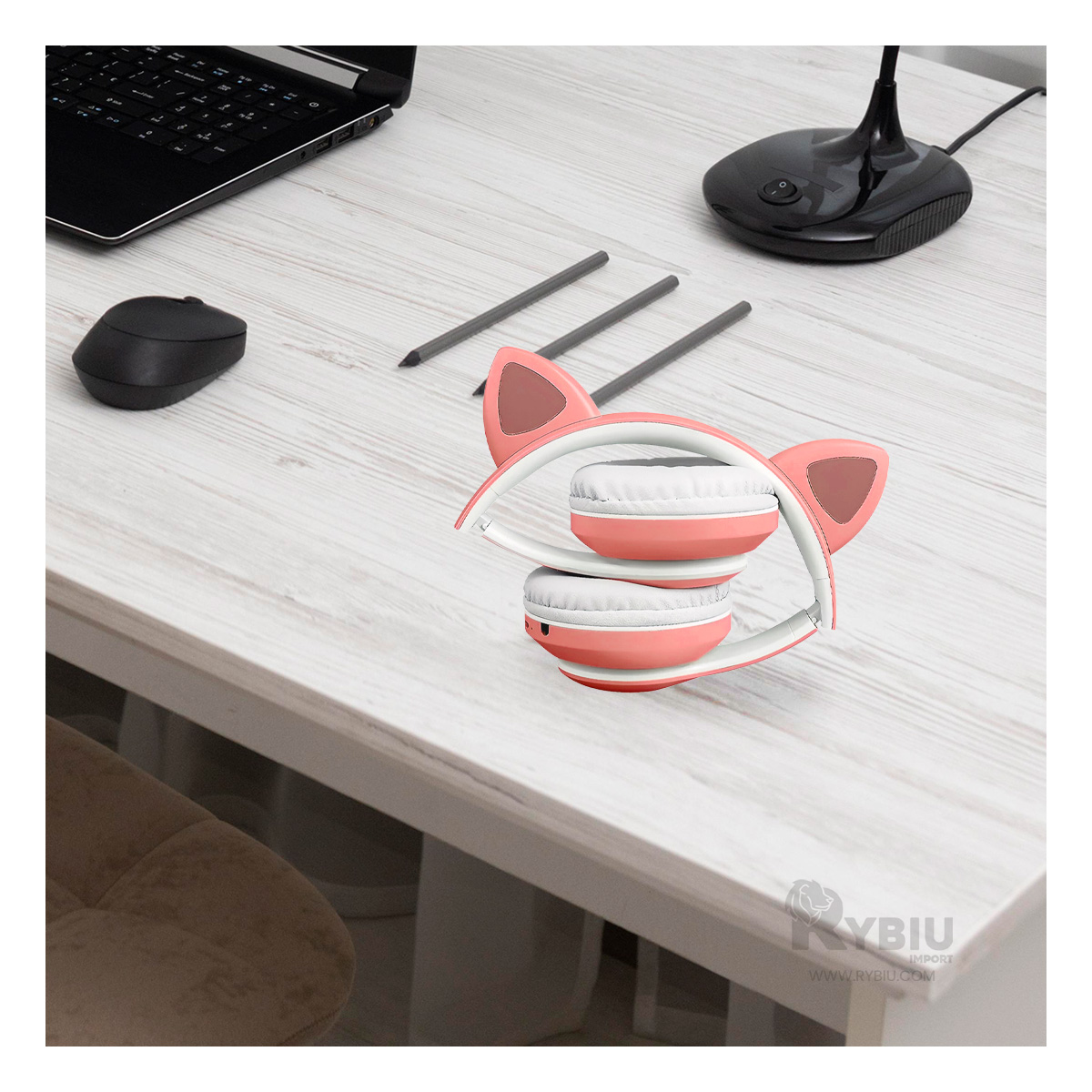 AURICULARES RYBIU FELINO Y CON LUCES EN ROSADO + REGALO STICKERS - 3