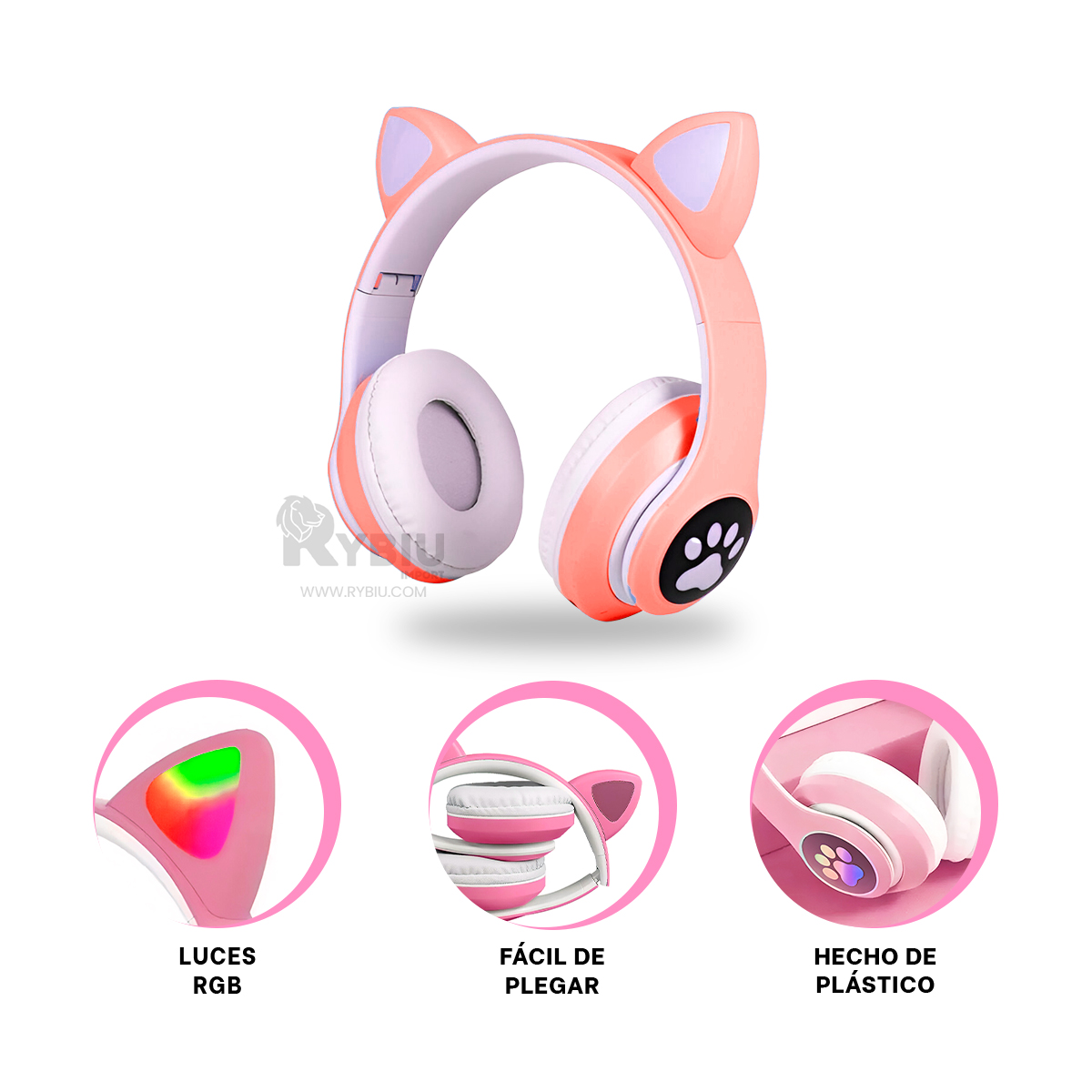 OREJERA RYBIU CON LUCES GATO ROSADO + BANDERITAS ADHESIVAS - 1