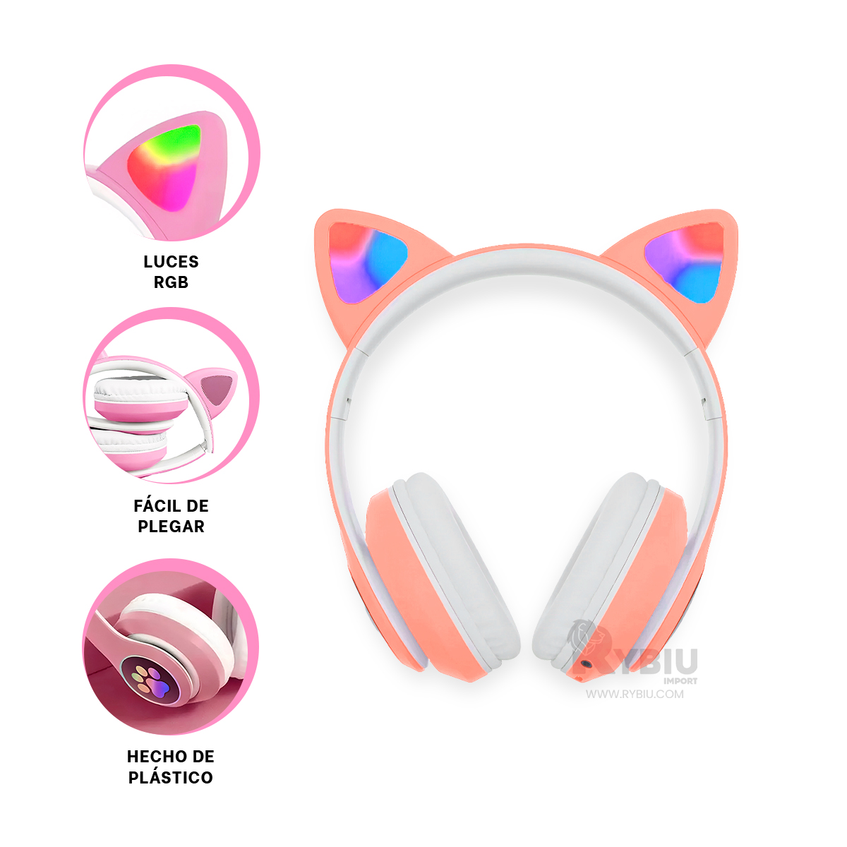 AURICULARES RYBIU LED GATO ROSADO + REGALO AGENDITA - 2