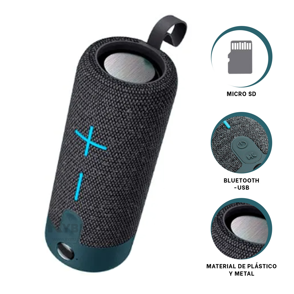 PARLANTE BLUETOOTH RYBIU P1728BT MUSICA COLOR PLOMO + PAPEL REGALO - 2