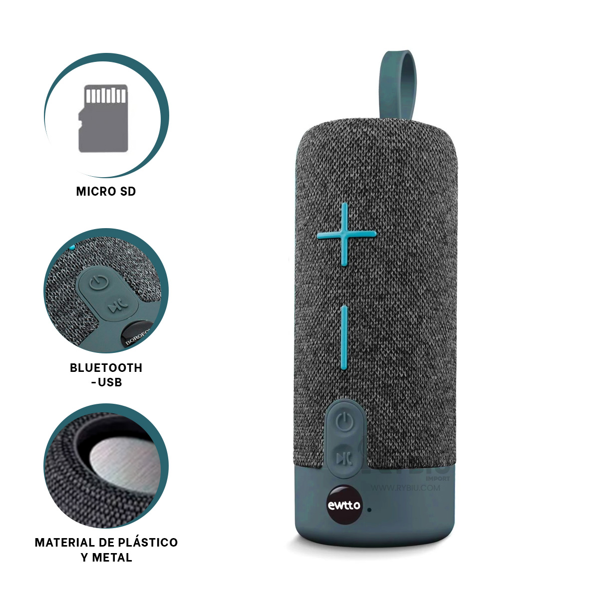 PARLANTE BLUETOOTH RYBIU P1728BT MUSICA COLOR PLOMO + PAPEL REGALO - 3