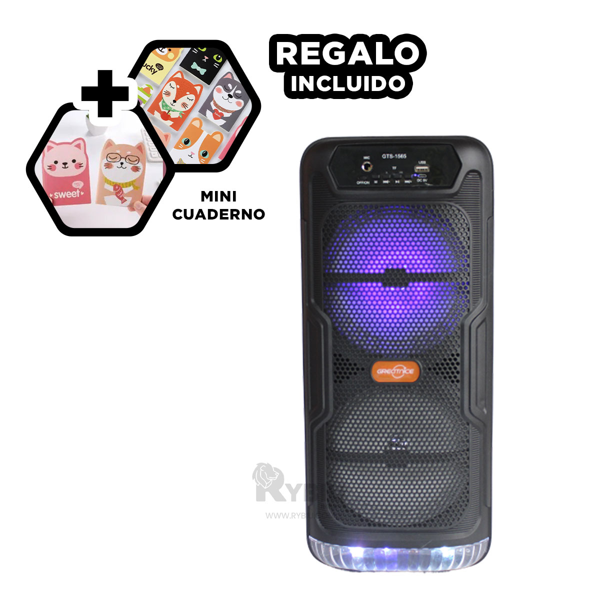 PARLANTE BLUETOOTH RYBIU GTS-1565 ALTAVOZ MODERNO VERSATIL NEGRO + REGALO AGENDITA - 1