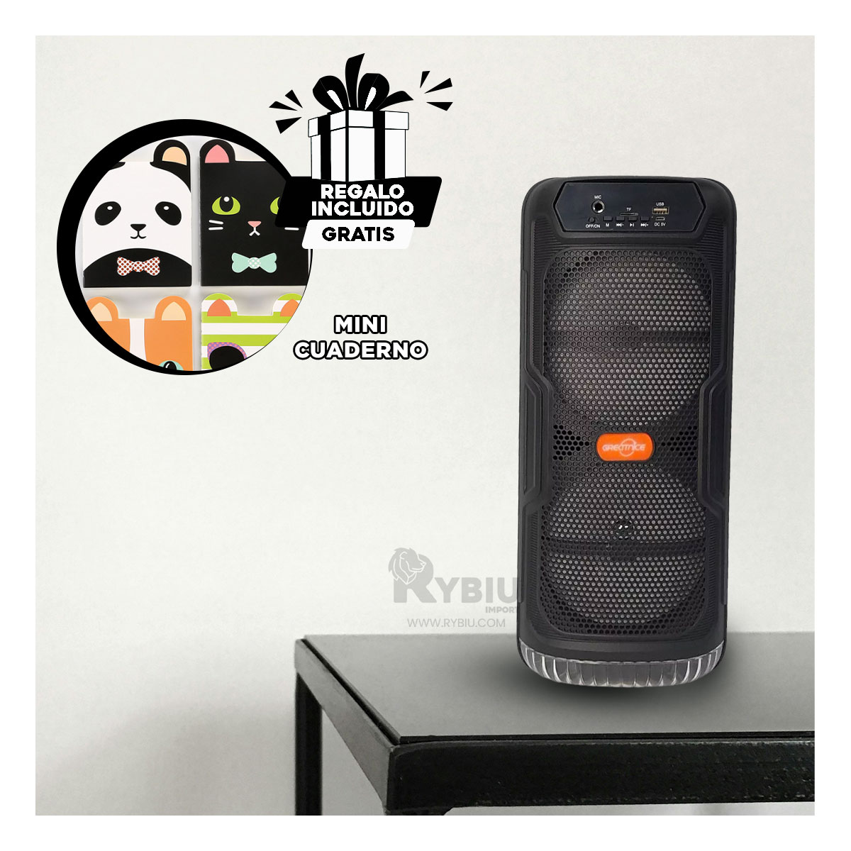 PARLANTE BLUETOOTH RYBIU GTS-1565 ALTAVOZ IDEAL FIESTAS NEGRO + GIFT STICKERS - 1