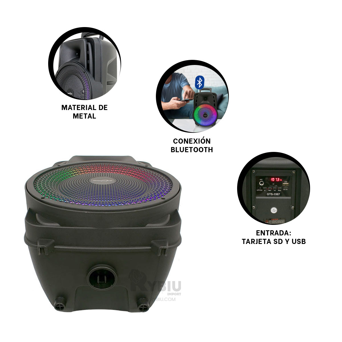 PARLANTE BLUETOOTH RYBIU GTS-1567 ALTAVOZ MODERNO VERSATIL NEGRO + REGALO AGENDITA - 3