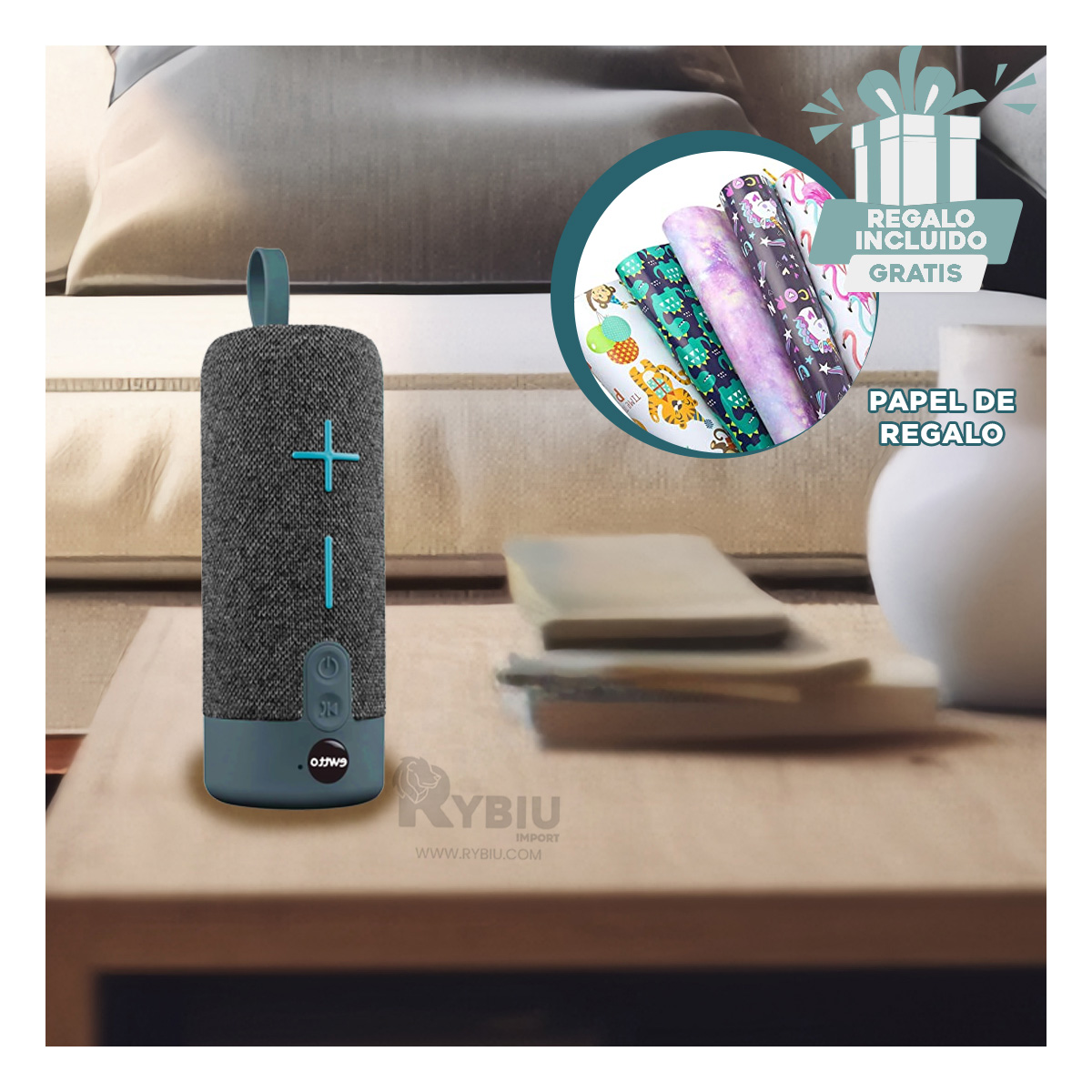 ALTOPARLANTE BLUETOOTH RYBIU P1728BT LINDO COLOR PLOMO + BANDERITAS ADHESIVAS - 1