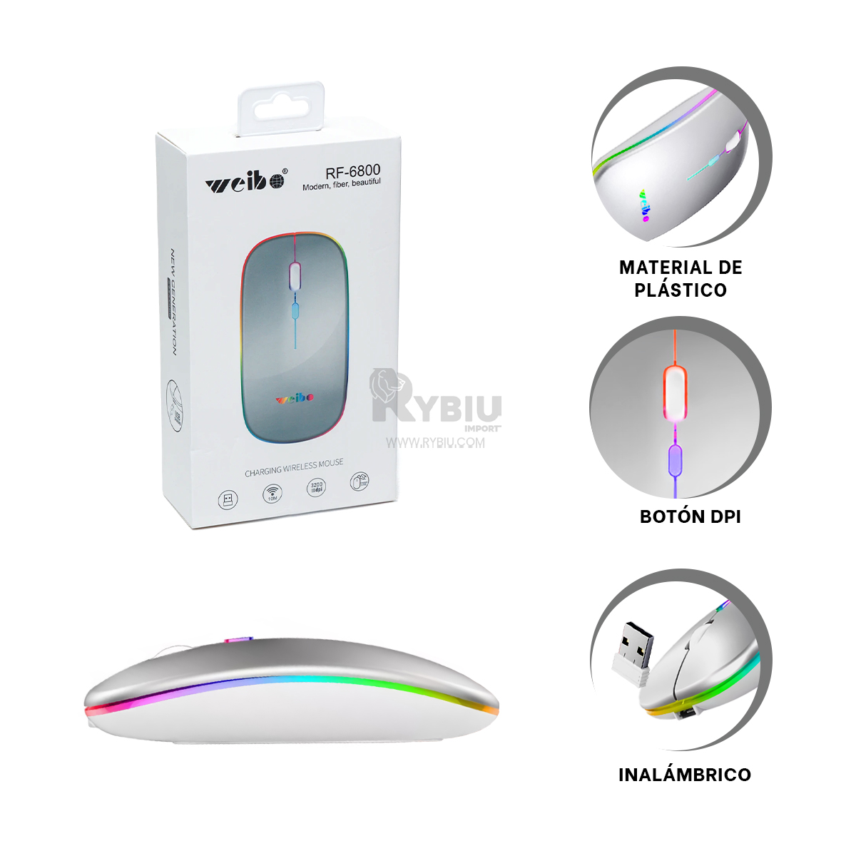 MOUSE INALÁMBRICO RYBIU MODERNO Y DINAMICO RF 6800 EN PLOMO + PAPEL REGALO RF-6800 - 3
