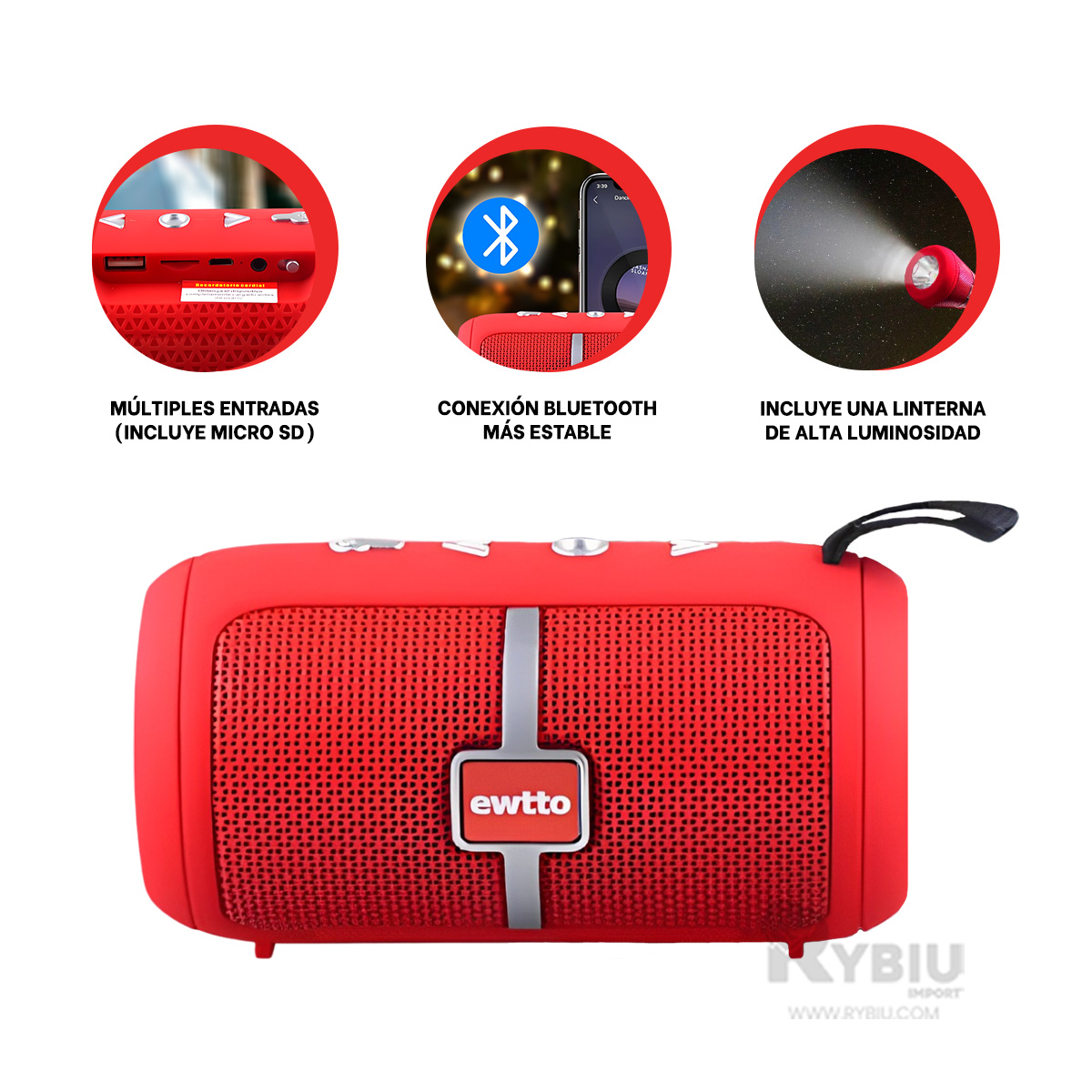 PARLANTE BLUETOOTH RYBIU P1950BT BOCINA EWTTO COLOR ROJO + REGALO LIGAS PEINAR - 4