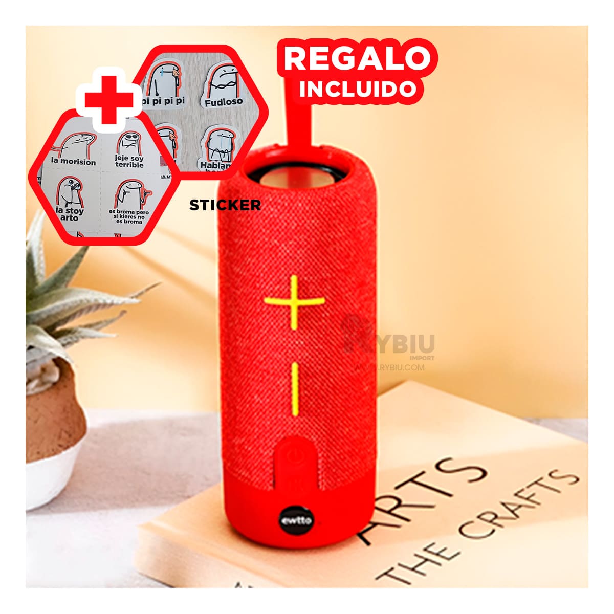 PARLANTE BLUETOOTH RYBIU P1728BT ELEGANTE MINIMALISTA ROJO + PAPEL REGALO - 1