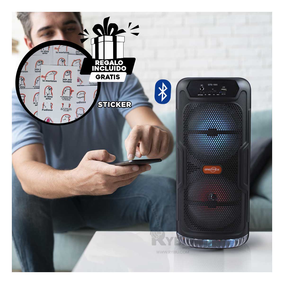 PARLANTE BLUETOOTH RYBIU GTS-1565 BOCINA UTIL NEGRO + REGALO LIGAS PEINAR - 1