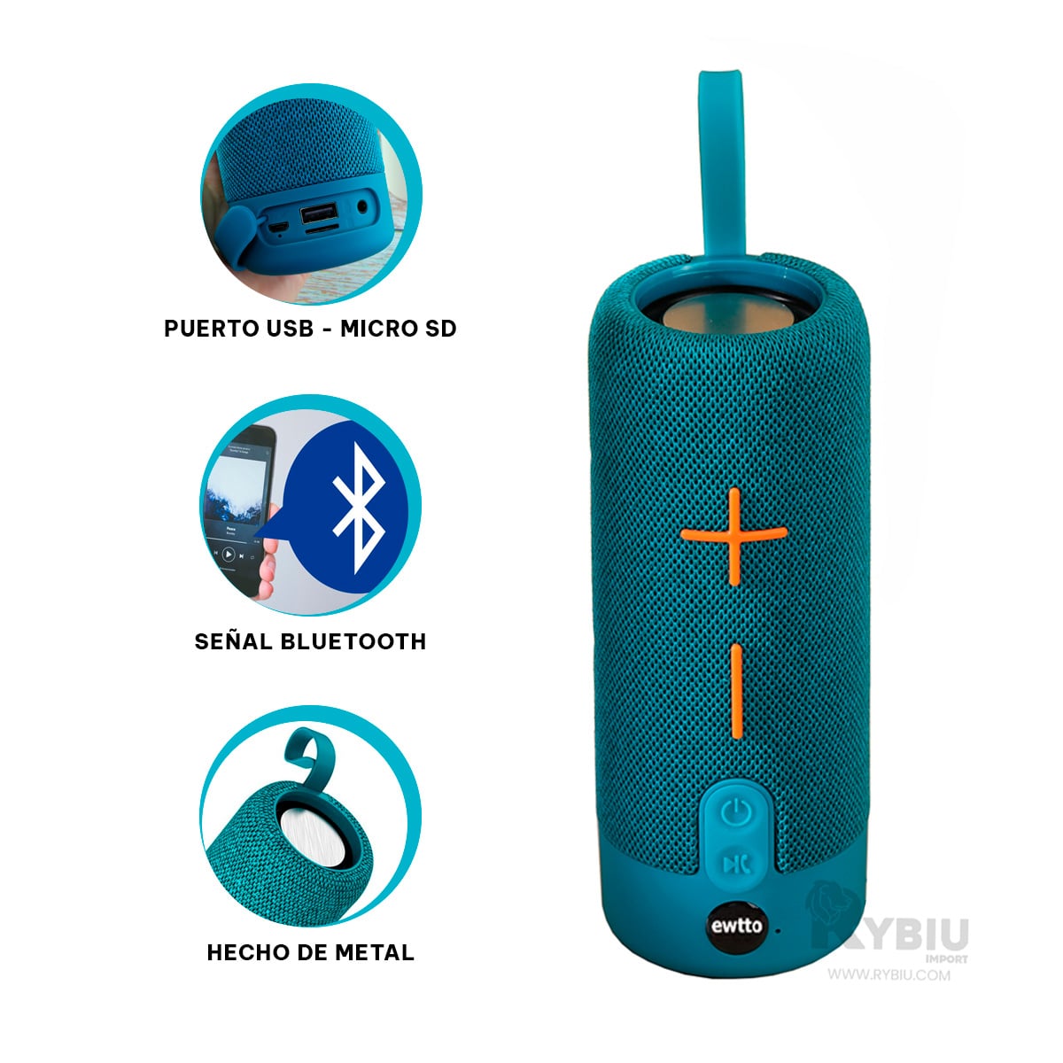 PARLANTE BLUETOOTH RYBIU P1728BT BOCINA UTIL CELESTE + REGALO LIGAS PEINAR - 3