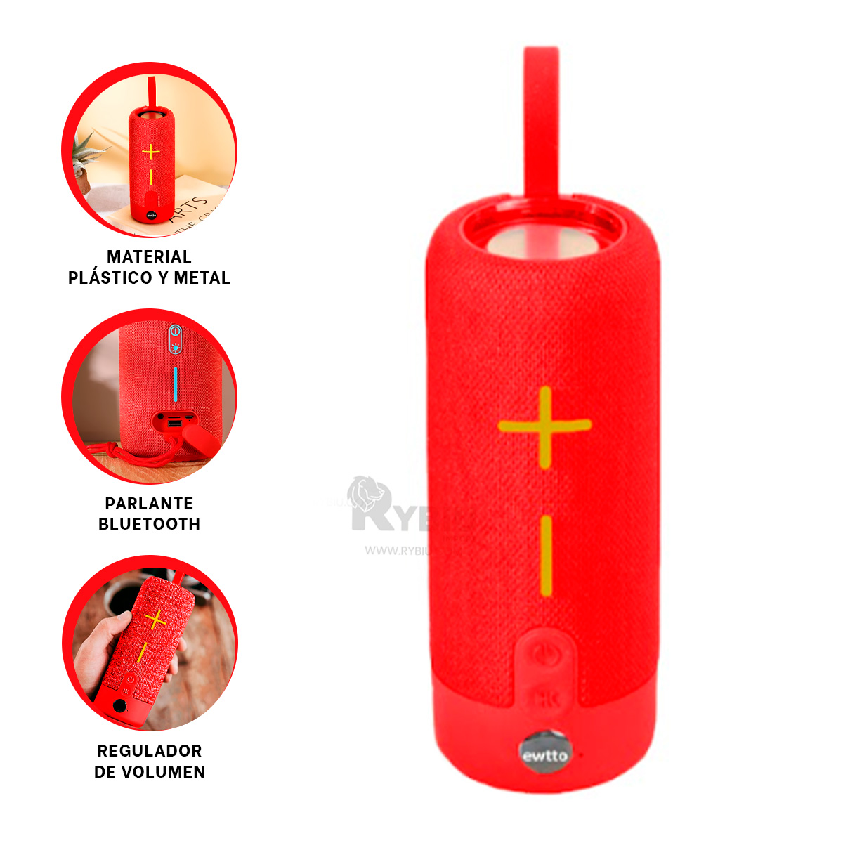 PARLANTE BLUETOOTH RYBIU P1728BT BOCINA COLOR ROJO + BANDERITAS ADHESIVAS - 3