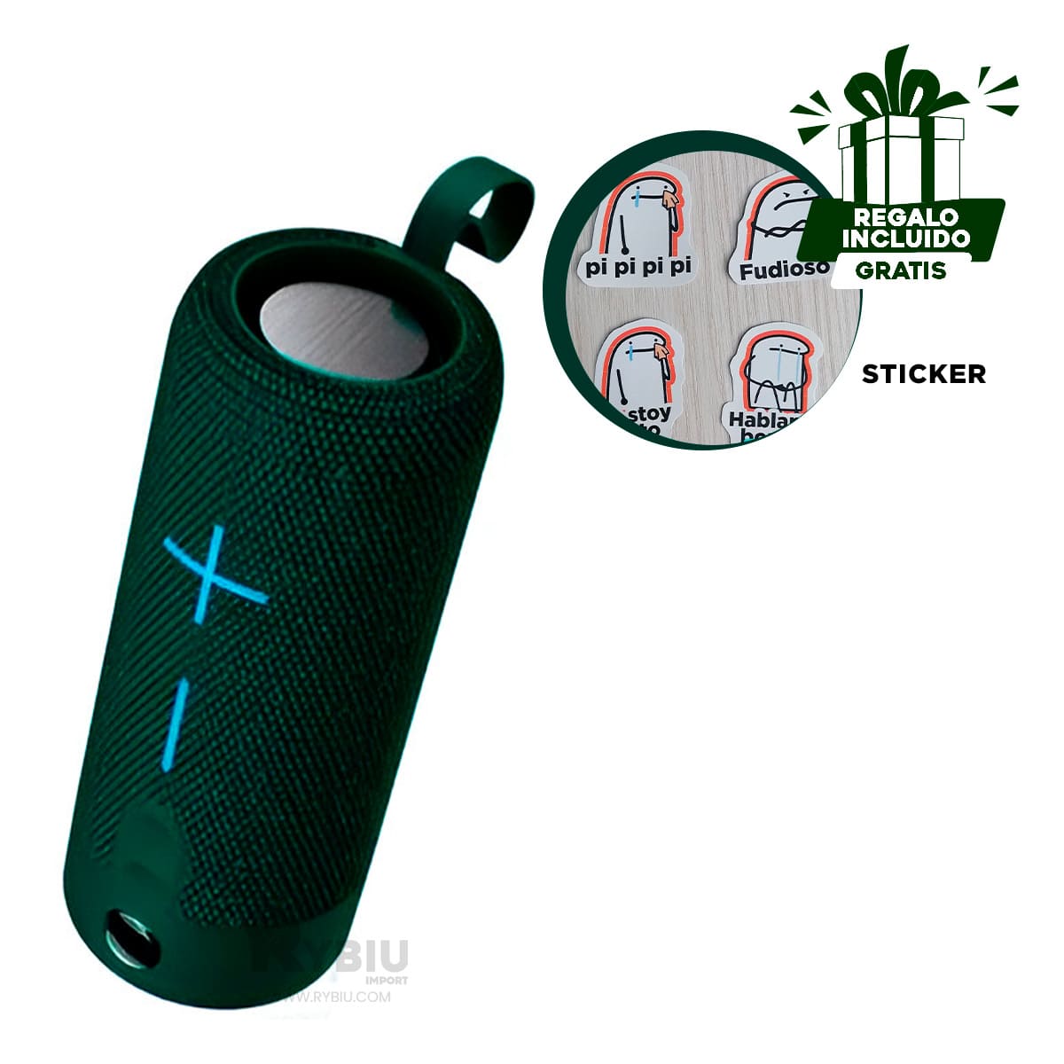 PARLANTE BLUETOOTH RYBIU P1728BT BOCINA COLOR VERDE + BANDERITAS ADHESIVAS - 1