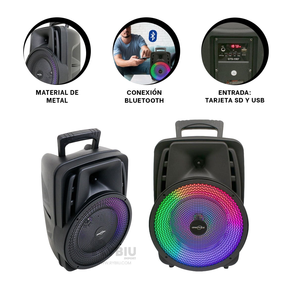 PARLANTE BLUETOOTH RYBIU GTS-1567 BOCINA UTIL NEGRO + REGALO LIGAS PEINAR - 3