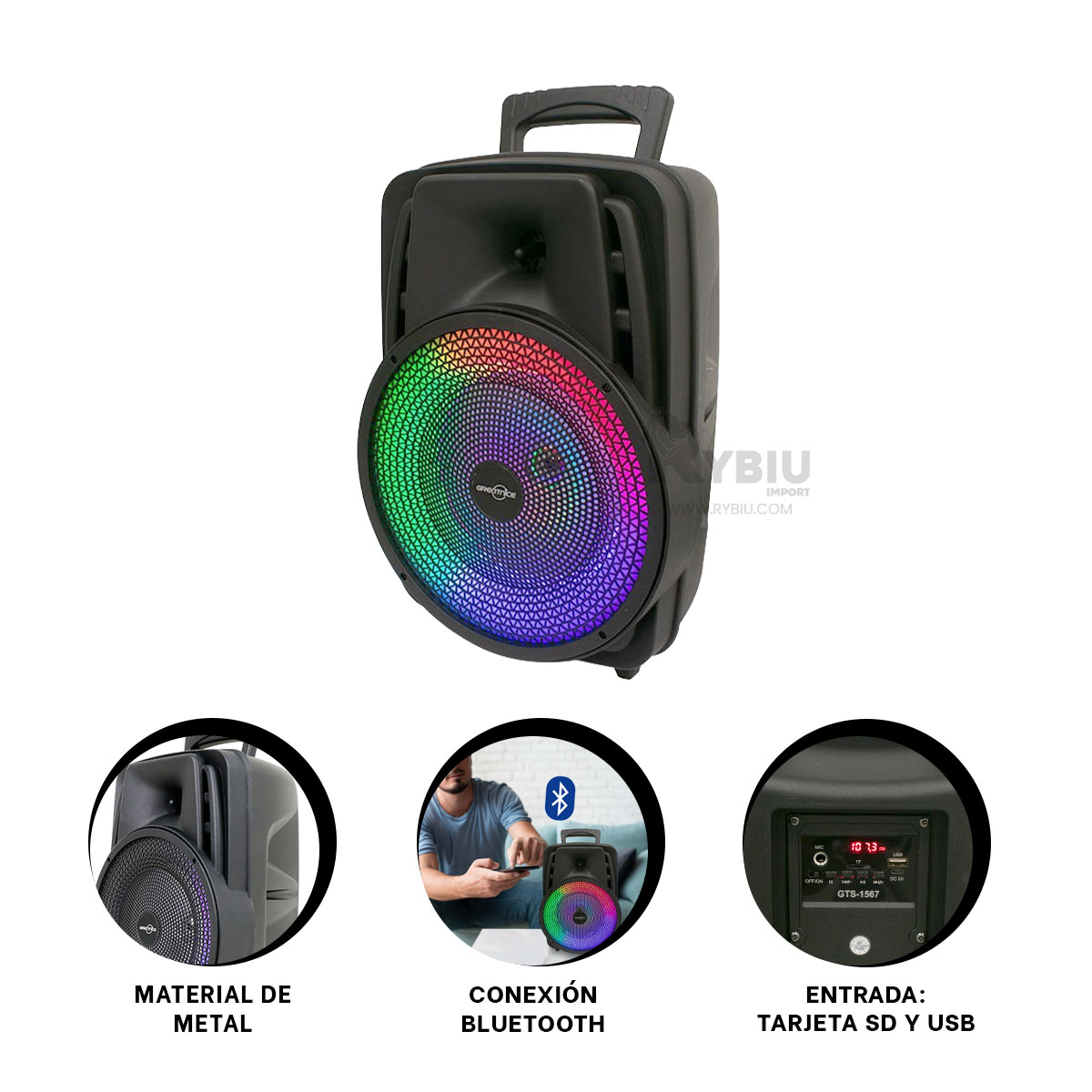 PARLANTE BLUETOOTH RYBIU GTS-1567 BOCINA UTIL NEGRO + REGALO LIGAS PEINAR - 4