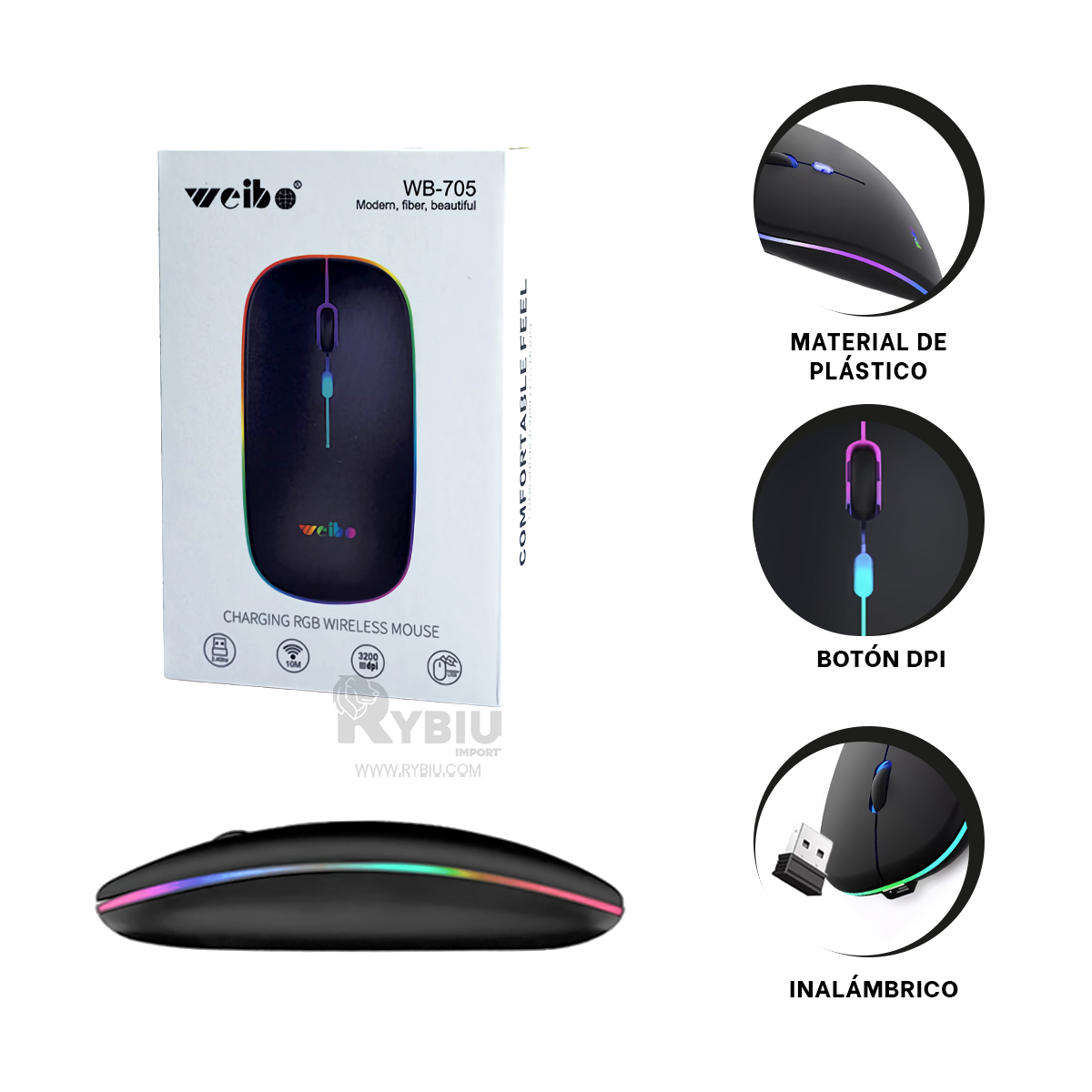 MOUSE INALÁMBRICO RYBIU MODERNO Y DINAMICO RF 6800 EN NEGRO + PAPEL REGALO RF-6800 - 3