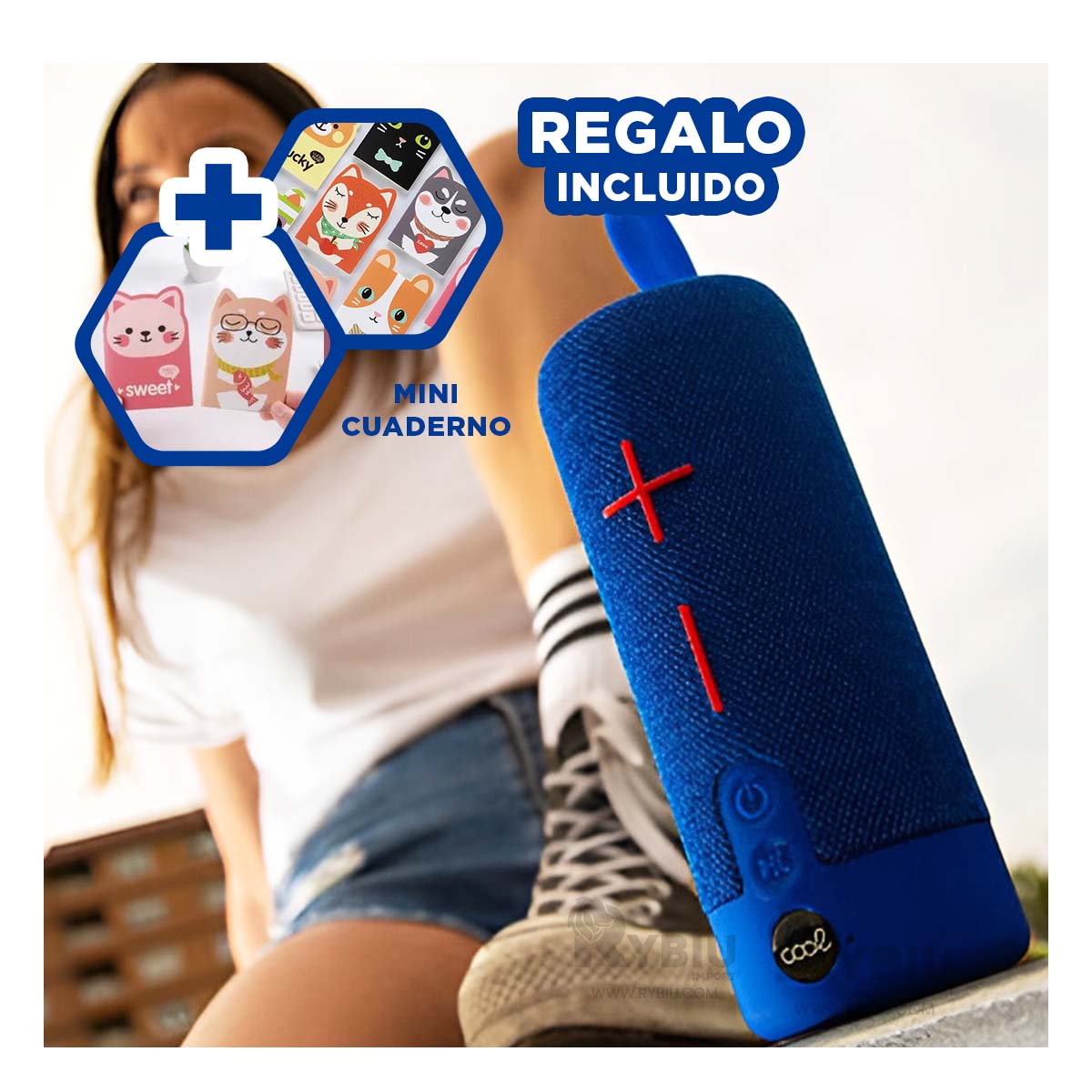 PARLANTE BLUETOOTH RYBIU P1728BT ALTAVOZ PRACTICO ESTANDAR TONO AZUL + GIFT MINIAGENDA - 1