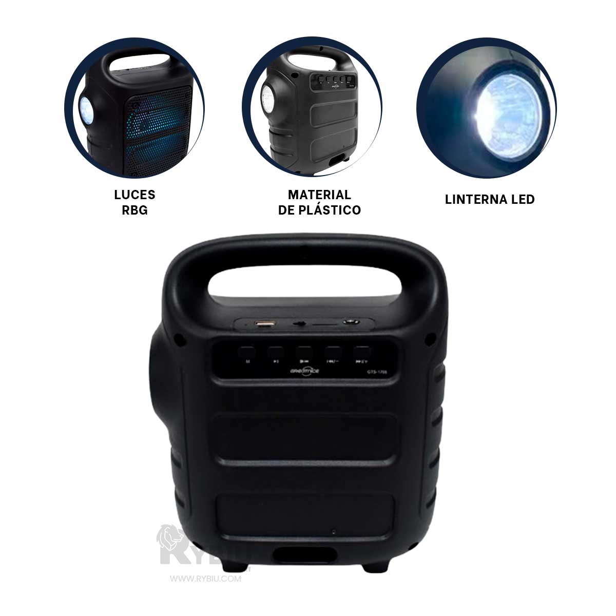 PARLANTE BLUETOOTH RYBIU GTS-1705 BOCINA VERSATIL LINTERNA NEGRO + BANDERITAS ADHESIVAS - 3