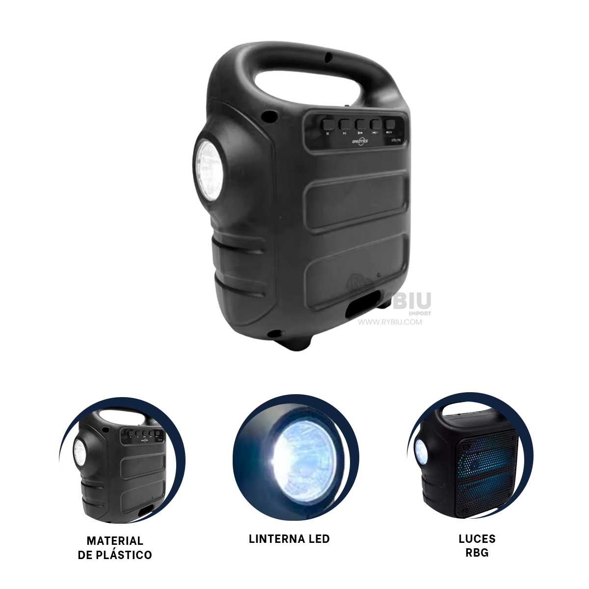 PARLANTE BLUETOOTH RYBIU GTS-1705 BOCINA VERSATIL LINTERNA NEGRO + BANDERITAS ADHESIVAS - 4