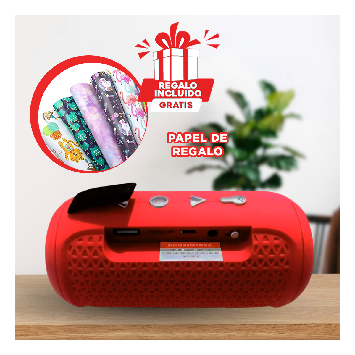 PARLANTE BLUETOOTH RYBIU P1950BT BOCINA COLOR ROJO + BANDERITAS ADHESIVAS - 1