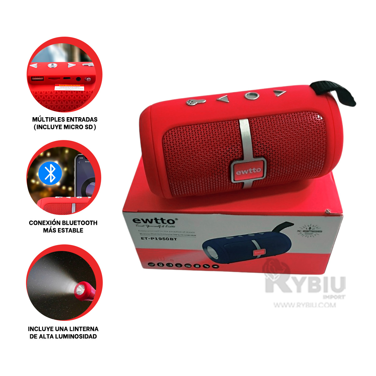 PARLANTE BLUETOOTH RYBIU P1950BT BOCINA COLOR ROJO + BANDERITAS ADHESIVAS - 3